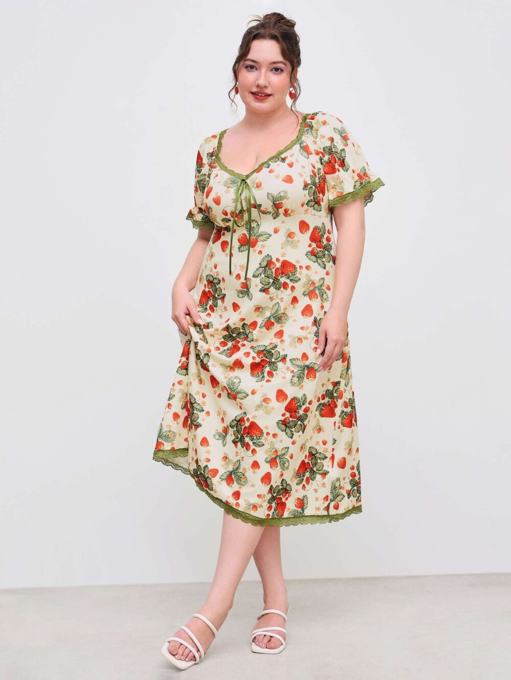 Cider | Square Neck Strawberry Graphic Contrasting Lace Trim Midi Dress